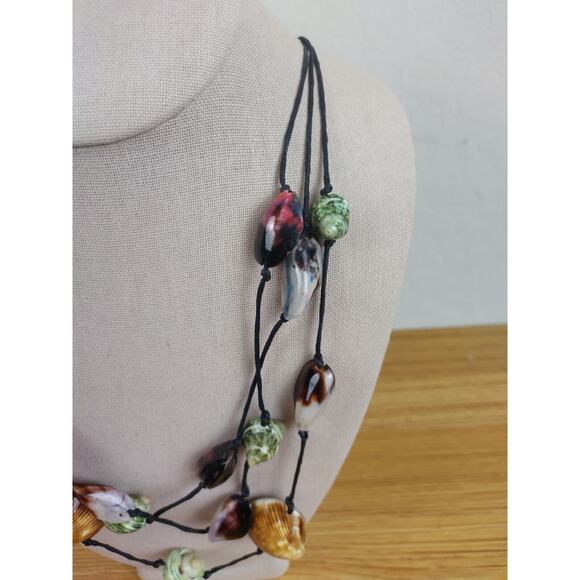 Colorful Shell Multi Strand Statement Necklace Black Cord Lobster Clasp - Picture 5 of 5